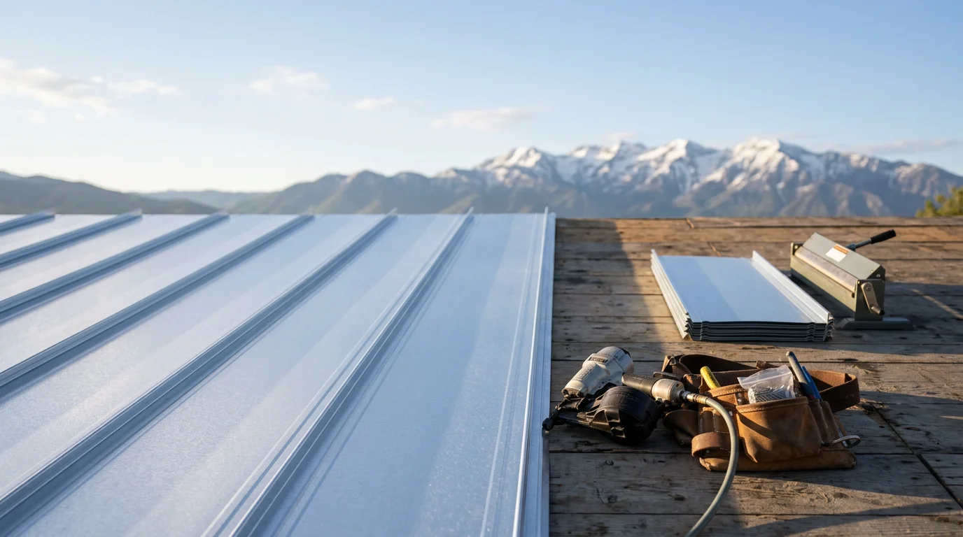 A completed Galvalume metal roof installation on a residential home along the Wasatch Front, with snow-capped mountains visible in the background. The standing seam panels run cleanly from ridge to eave on a steep-pitch roof typical of Northern Utah homes.
