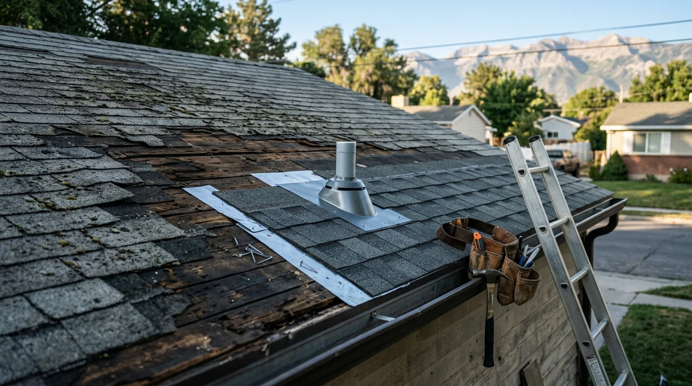 A repaired garage roof on a residential home along the Wasatch Front, showing replaced shingles and sealed flashing along the eave edge. Snow-capped Utah mountains are visible in the background.