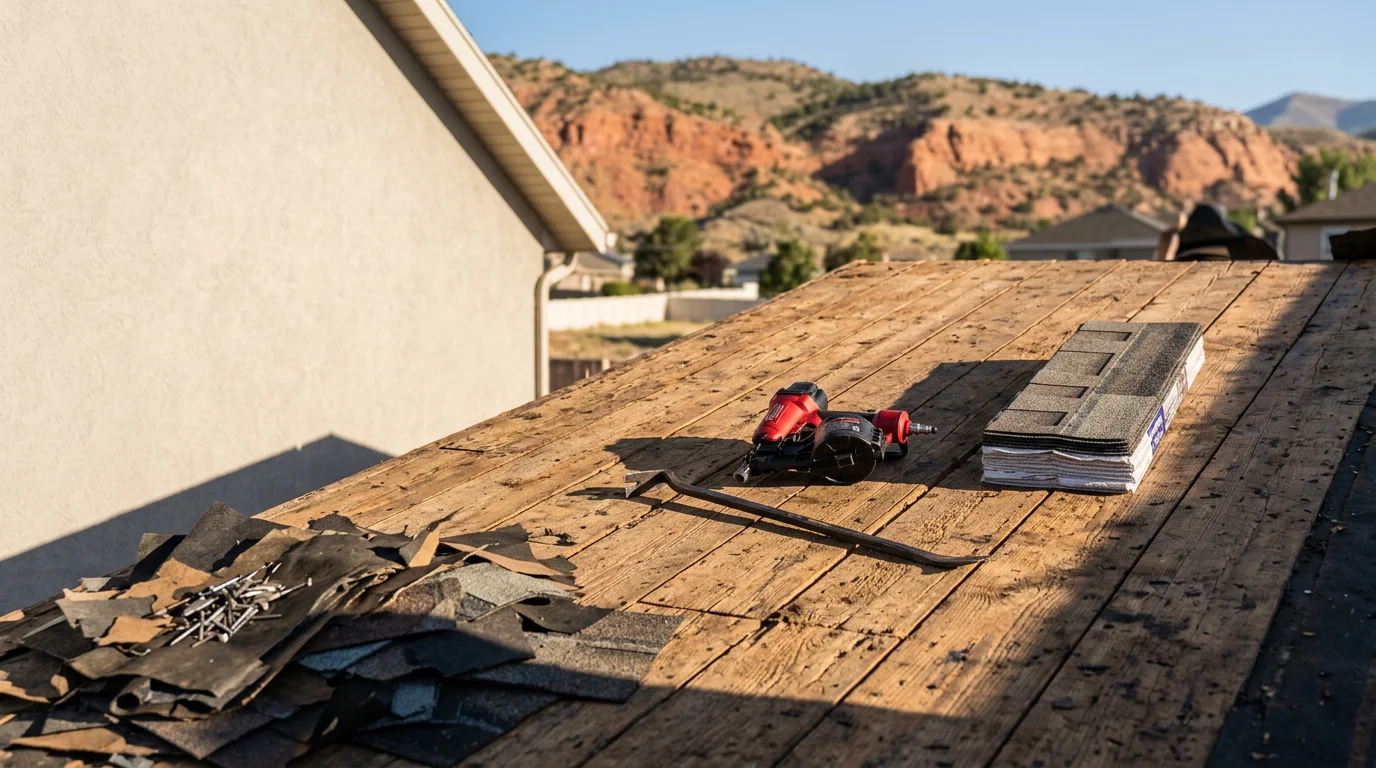 A freshly replaced garage roof on a residential property along the Wasatch Front, showing new roofing materials installed over a two-car garage with Utah mountains visible in the background. Close view highlights clean ridge lines and properly finished eave edges suited for heavy snow and freeze-thaw conditions.
