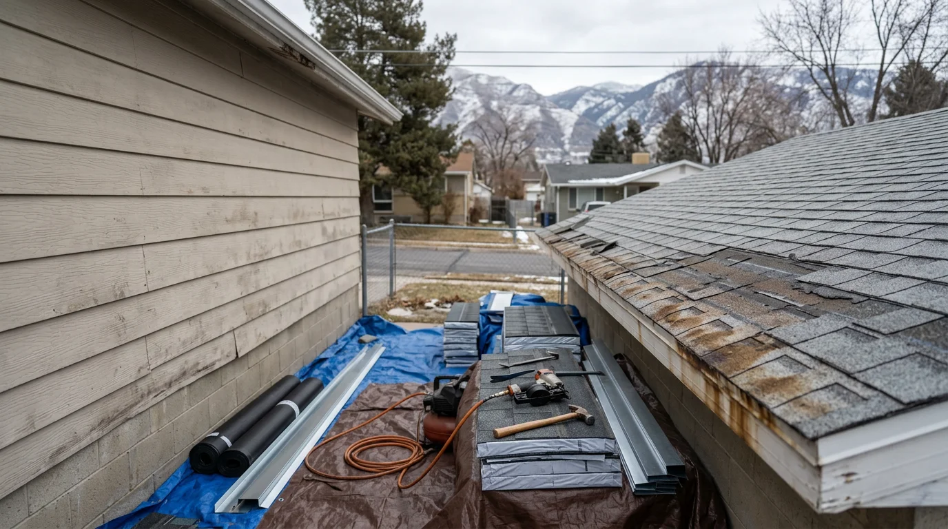 A freshly replaced garage roof on a detached two-car garage in a Wasatch Front neighborhood, showing new shingles, clean ridge line, and proper eave overhang against a backdrop of Utah mountains. Close-up view highlights the finished roofline with no visible damage or worn material.