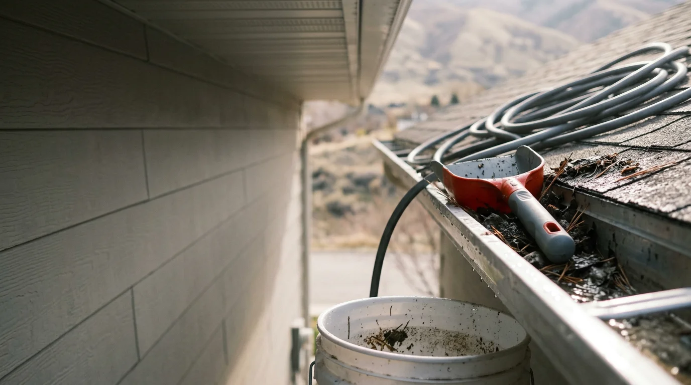 A gutter channel on a Wasatch Front home being cleared of packed cottonwood and leaf debris, with a downspout flushed and flowing cleanly against a backdrop of Utah foothills.
