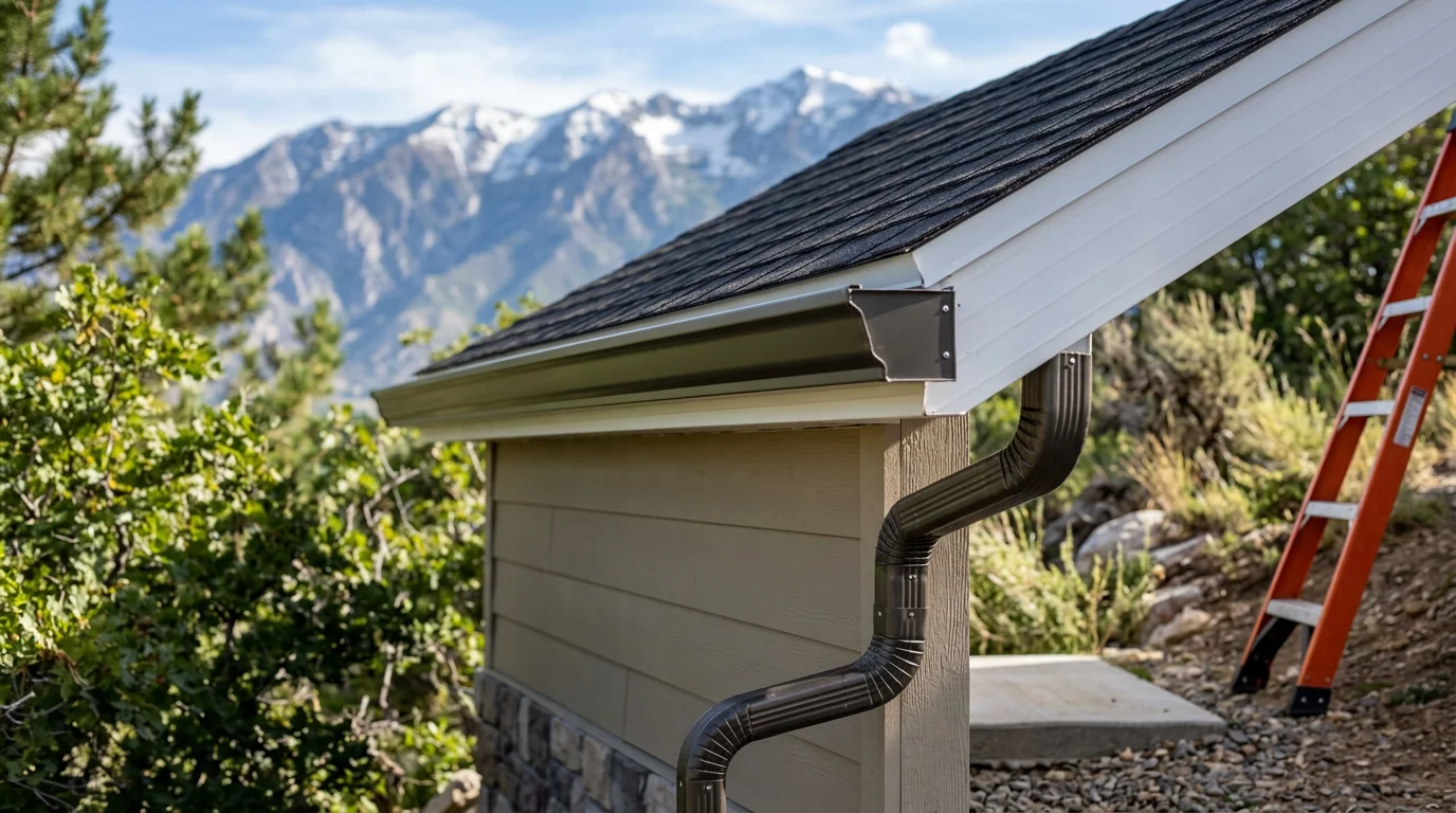 Newly installed gutters running along the roofline of a residential home on the Wasatch Front, with downspouts positioned to direct water away from the foundation. Snow-capped Wasatch Mountains are visible in the background.