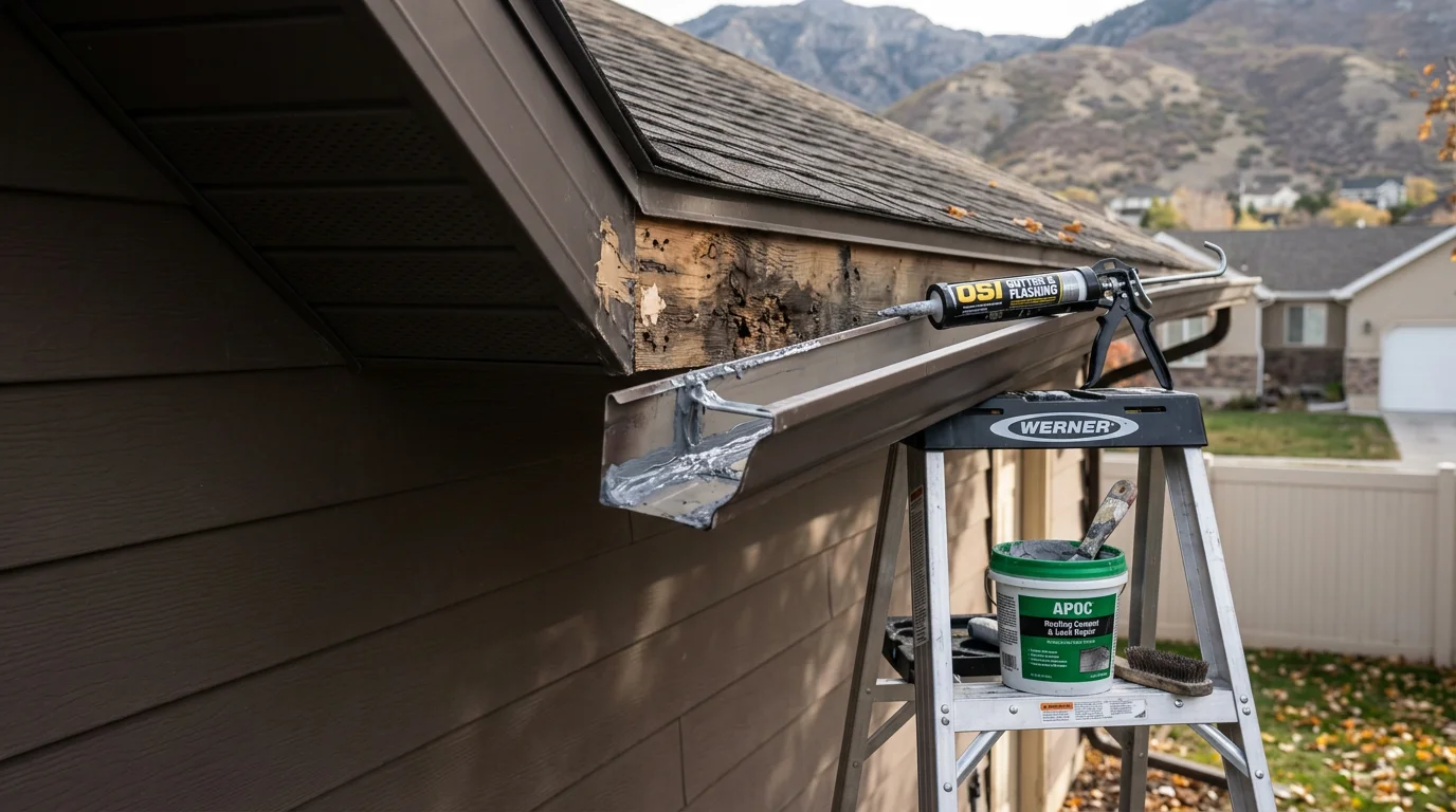 A repaired residential gutter running along the roofline of a home on the Wasatch Front, with resealed joints and properly pitched sections directing water toward the downspout. Snow-capped mountains are visible in the background against a clear Utah sky.