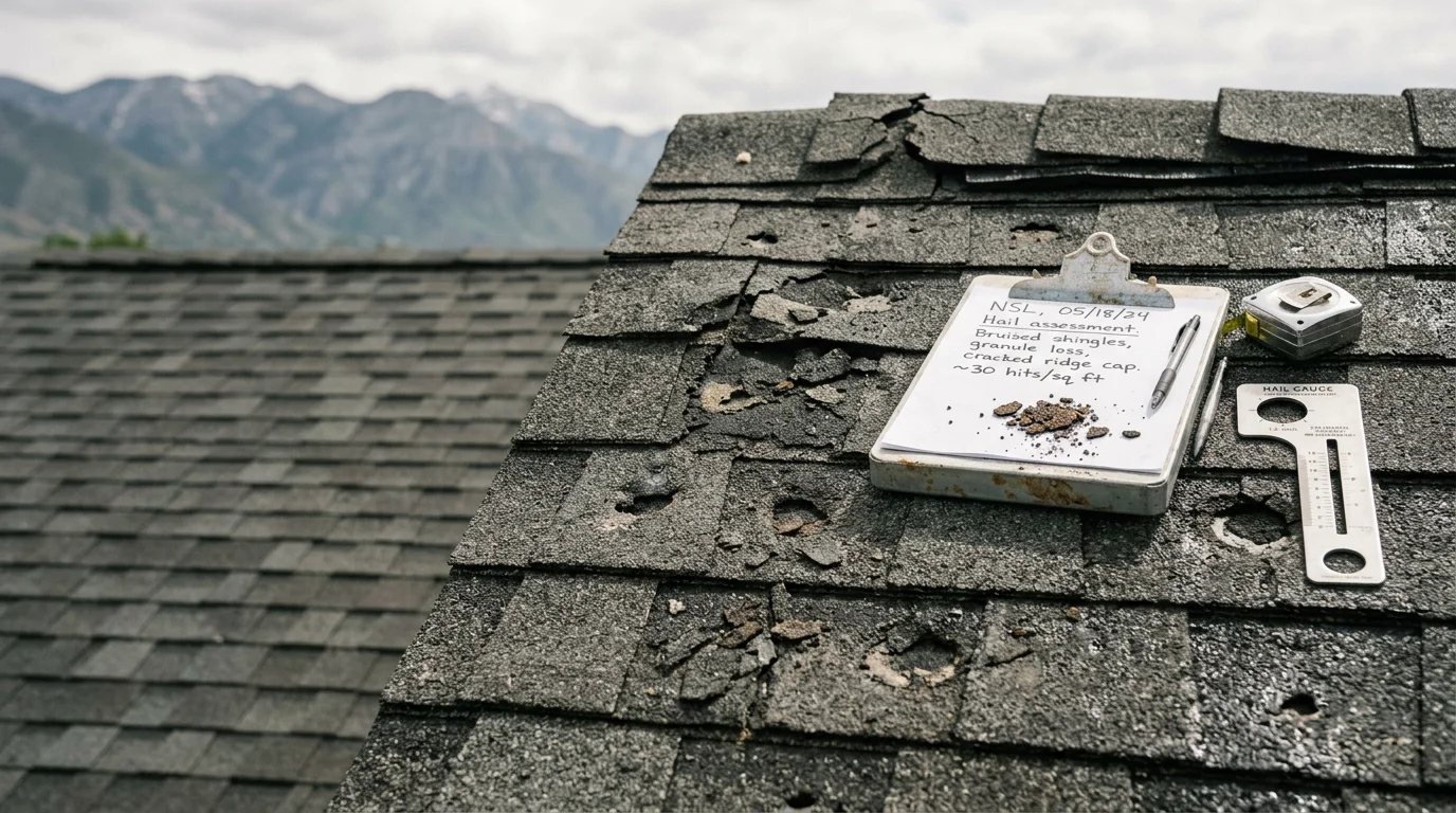 A roofing contractor inspecting hail-damaged shingles on a residential roof along the Wasatch Front, with visible granule loss and impact marks on the shingle surface.