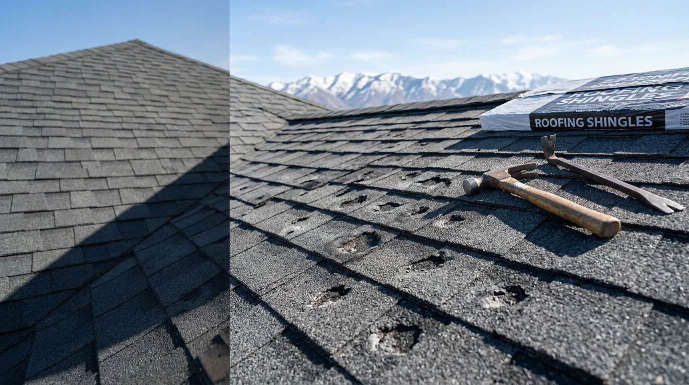 Close-up of hail-damaged asphalt shingles on a residential roof along the Wasatch Front, showing circular granule loss and exposed dark asphalt where impacts struck. A Redline Roofing and Construction crew member inspects the damage from the roof surface in a Utah neighborhood.