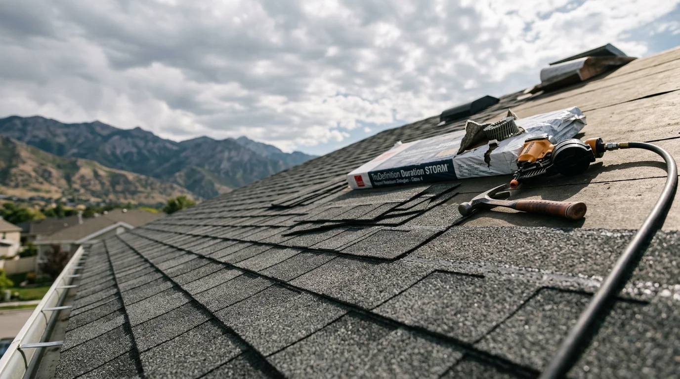 A newly completed hail-resistant shingle roof on a residential home along the Wasatch Front, with clean ridge lines and uniform shingle courses visible against a Utah mountain backdrop. Close-up detail shows the textured surface of Class 4 impact-resistant shingles installed across the full roof field.