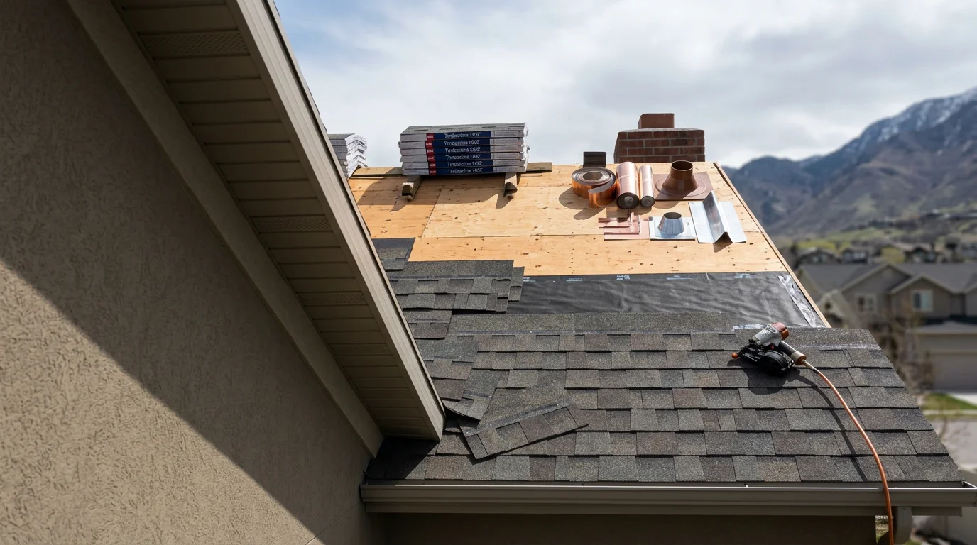 A finished high-end custom roofing installation on a residential home along the Wasatch Front, showing clean roofline geometry and precise flashing detail against a backdrop of Utah mountain terrain. The completed roof reflects careful material selection suited to the elevation and weather conditions of the area.