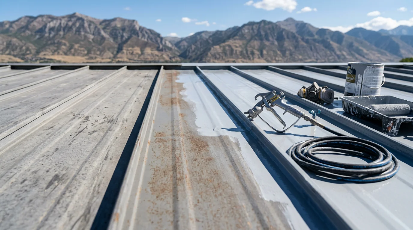 A commercial metal roof on an industrial building along the Wasatch Front after coating application, showing a smooth, uniform reflective surface with sealed seams and fasteners. Snow-capped mountains are visible in the background, reflecting the high-altitude Utah climate these coatings are built to handle.