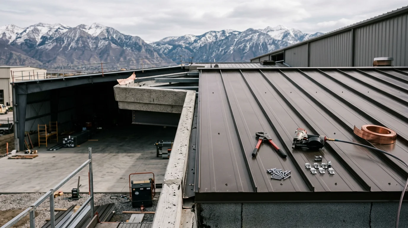 A completed industrial metal roof installation on a large warehouse facility along the Wasatch Front in Utah, with mountain ridgeline visible in the background. The standing seam metal panels run the full length of the building's wide commercial roof deck.