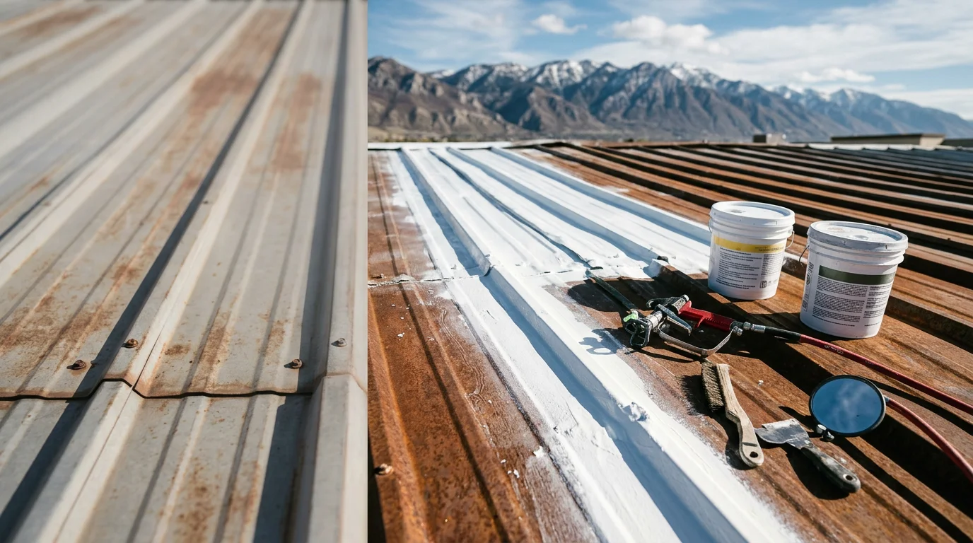A restored industrial metal roof on a large warehouse along the Wasatch Front, showing sealed seams and a uniform protective coating applied across the full panel surface. The building sits against the backdrop of the Wasatch mountains under a clear Utah sky.