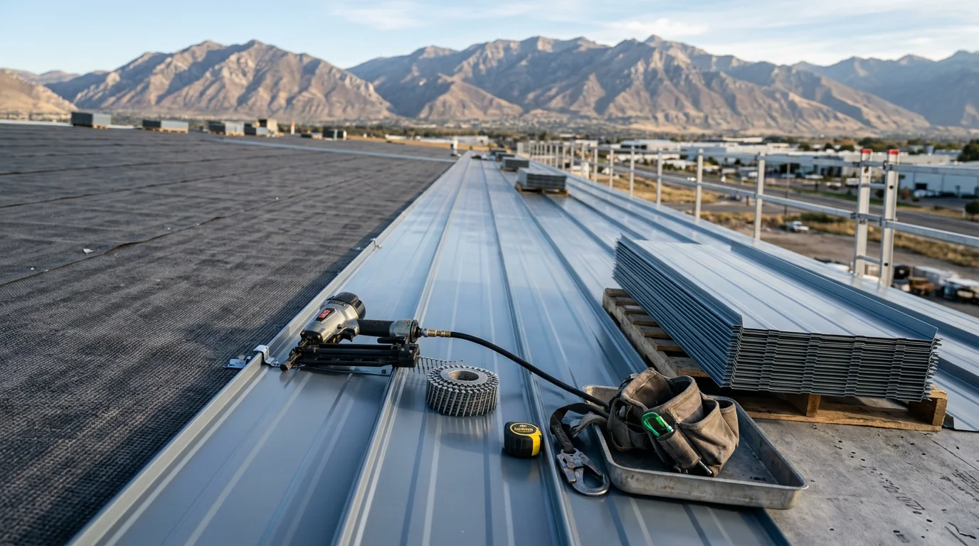 Industrial metal roofing installed on a large commercial facility along the Wasatch Front, with mountain ridgeline visible in the background. Close view shows panel seams and roof slope designed to shed Utah winter snow loads.