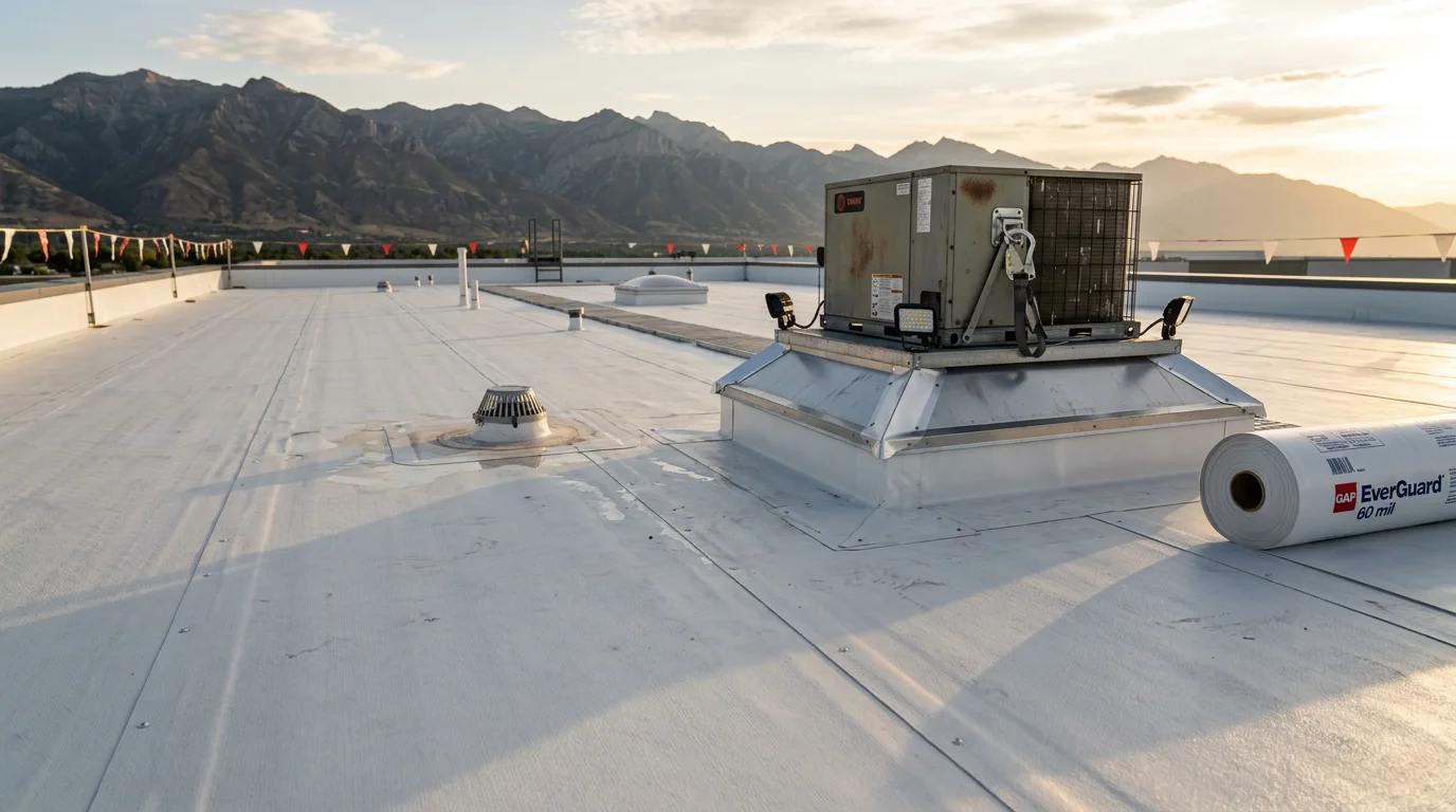 A large flat industrial rooftop in the Wasatch Front region of Utah with a freshly installed membrane system, mountain range visible in the background. Rooftop HVAC units and drainage points are visible with clean flashing and sealed penetrations.