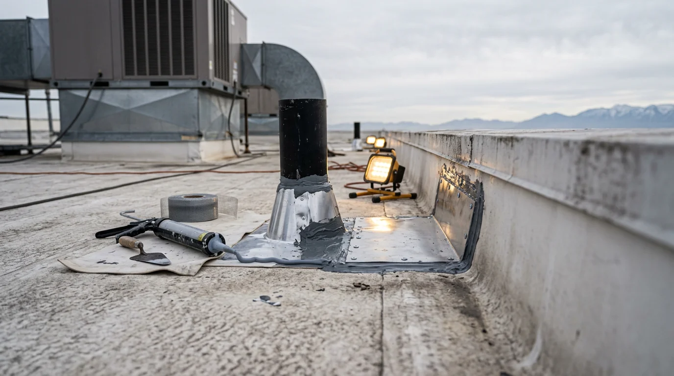 A technician inspecting flashing around an HVAC unit on a flat industrial roof in the Wasatch Front region of Utah. Snow-capped mountains are visible in the background, showing the high-elevation environment that accelerates wear on rooftop penetrations and seals.