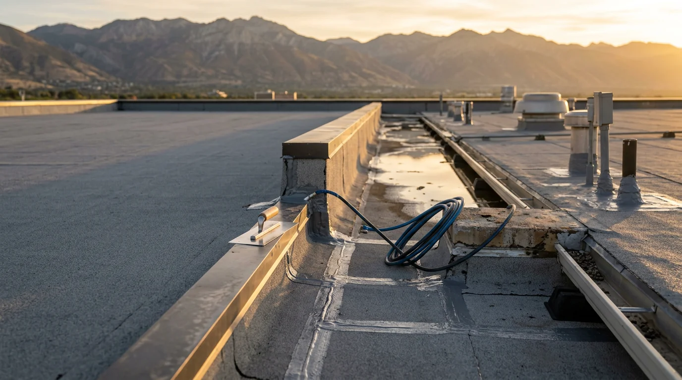 A roofing contractor inspecting the flat membrane surface and HVAC curb flashings on a large industrial building along the Wasatch Front in Utah. Snow-capped mountains are visible in the background against a clear blue sky.