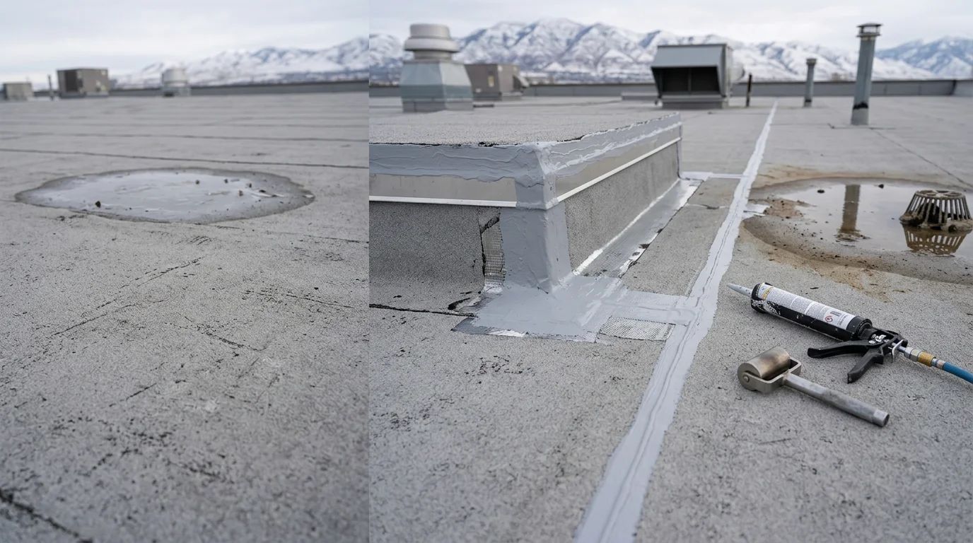 A roofing crew inspecting and repairing the flat membrane roof of an industrial building along the Wasatch Front, with the Wasatch Mountains visible in the background. Close-up view shows a technician sealing a flashing transition point around a rooftop HVAC unit.