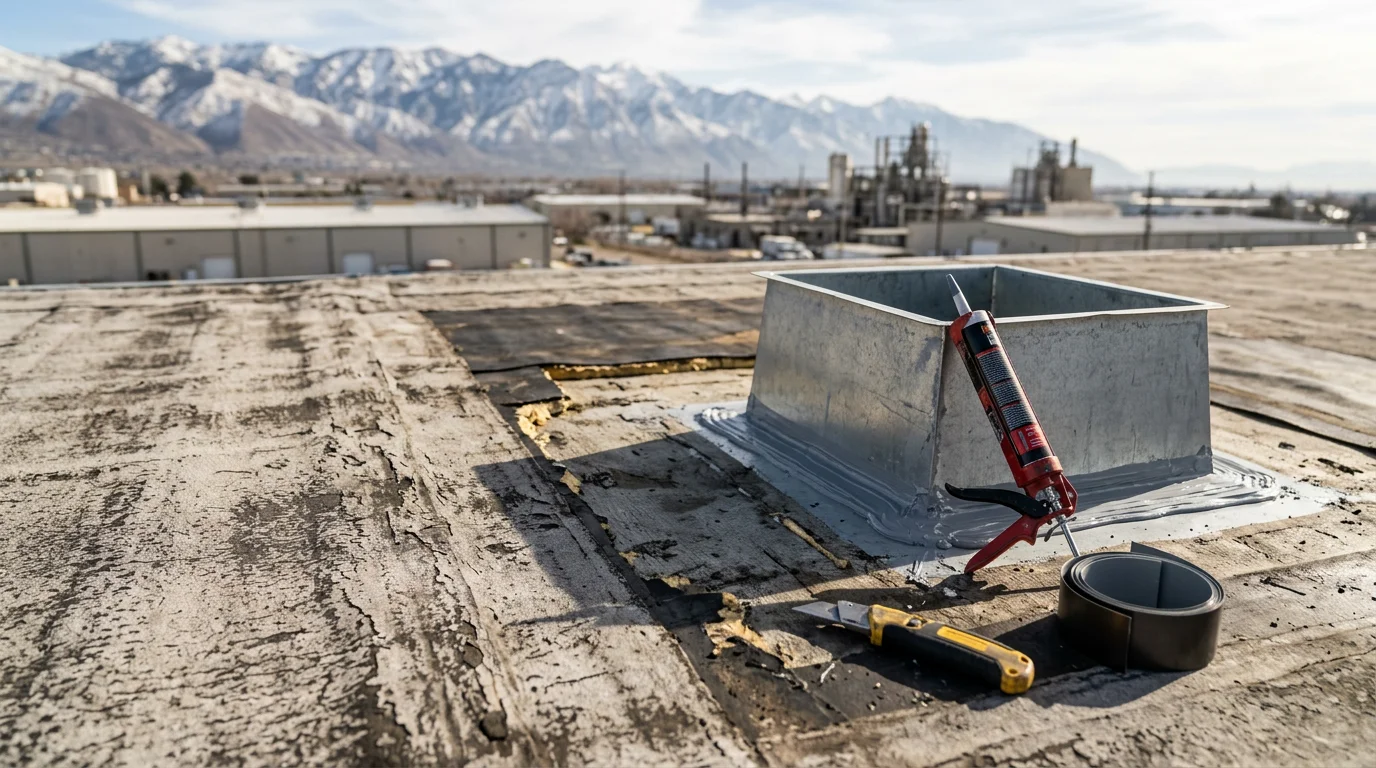 A low-slope industrial rooftop in the Wasatch Front region showing repaired membrane seams and resealed HVAC curb flashings. Snow-capped mountains are visible in the background against a clear Utah sky.