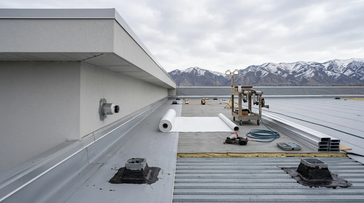 A wide low-slope industrial roof being replaced on a large warehouse facility along the Wasatch Front in Utah, with new membrane material staged across the roof deck and the Wasatch mountain range visible in the background.