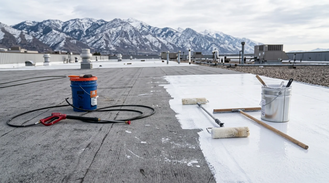 A large flat industrial roof on a commercial warehouse along the Wasatch Front after fluid-applied coating restoration, showing a uniform light-colored reflective membrane surface with sealed seams and flashing details. The Wasatch mountain range is visible in the background against a clear Utah sky.