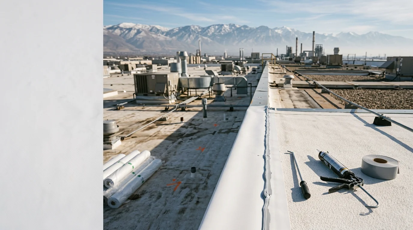 A large flat industrial roof on a warehouse facility along the Wasatch Front being inspected and restored, with membrane repairs visible near rooftop HVAC equipment against a backdrop of Utah mountains.