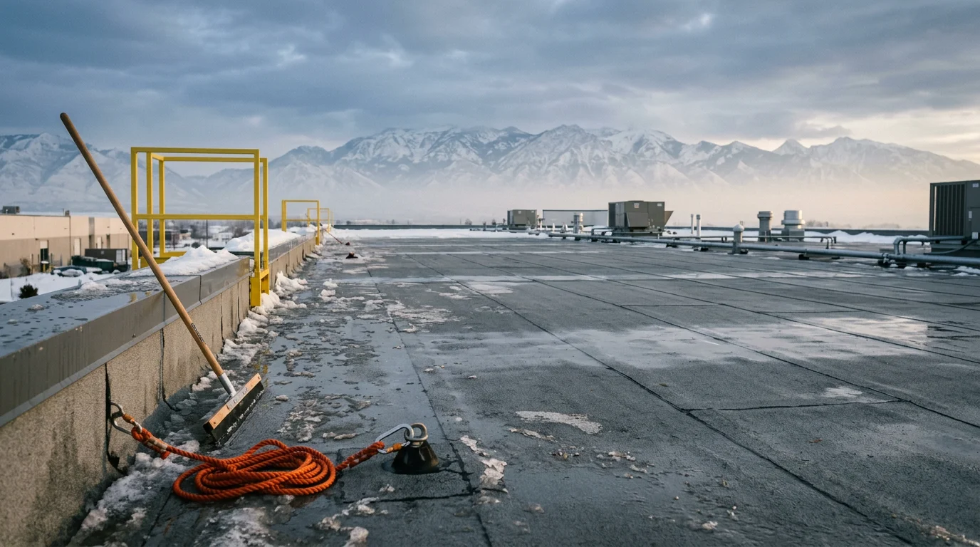 A roofing crew clearing heavy compacted snow from a large flat industrial roof in the Wasatch Front region of Utah. Snow is piled along the roof perimeter with mountain terrain visible in the background.