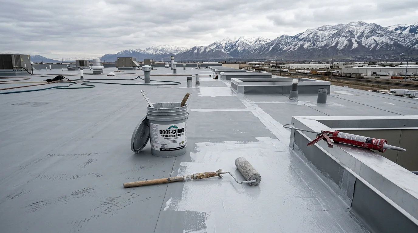 A flat industrial roof on a large commercial facility along the Wasatch Front with freshly applied waterproofing membrane sealed around HVAC penetrations and flashing edges. Snow-capped Wasatch Range mountains are visible in the background.