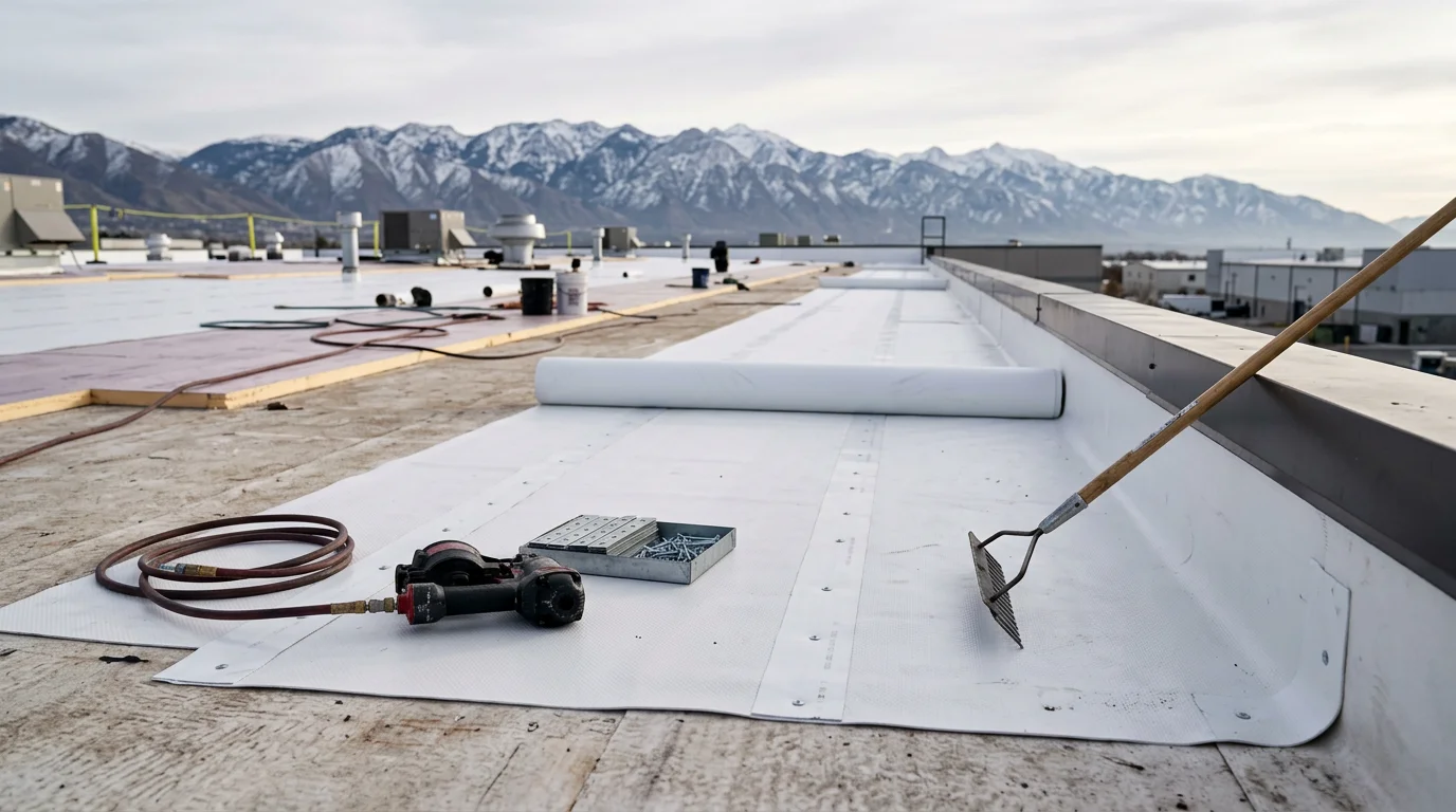 A large flat industrial rooftop in the Wasatch Front region showing a freshly installed roofing membrane with sealed HVAC curbs and clean drainage points. Mountain terrain is visible in the background under a clear Utah sky.