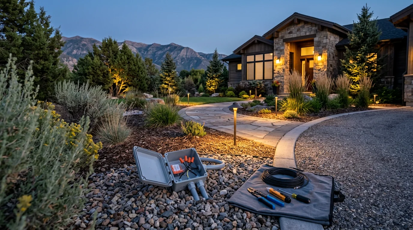 Professionally installed landscape lighting illuminating the front walkway, garden beds, and home exterior of a residential property along the Wasatch Front in Utah. Warm LED fixtures line the pathway and uplight mature trees against a dark evening sky.