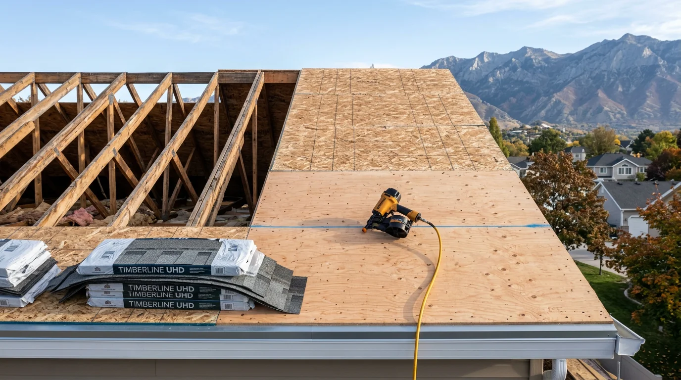A freshly replaced residential roof on a Wasatch Front home, showing new shingles installed across the full roof deck with clean ridge lines and updated flashing around the chimney. Snow-capped mountains are visible in the background, reflecting the high-elevation Utah setting.
