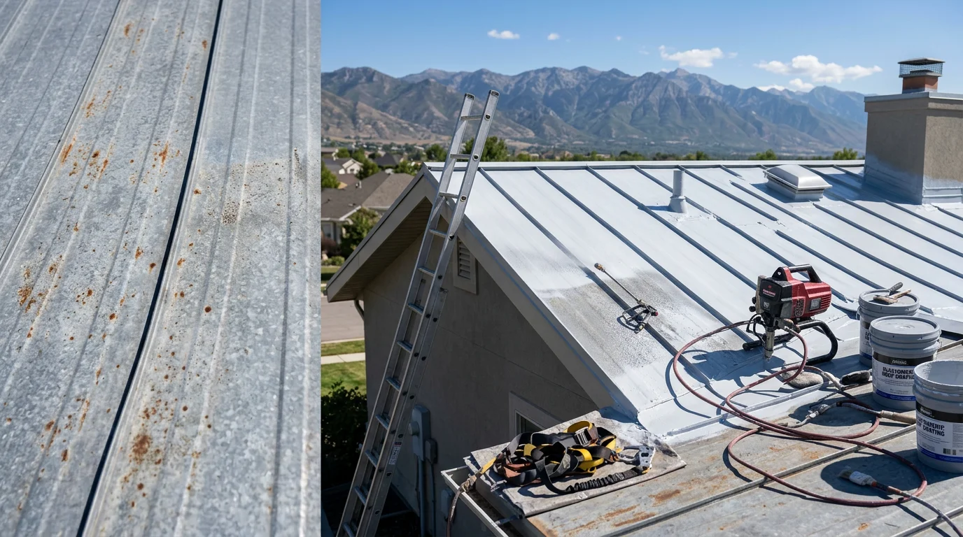 A metal roof on a residential home along the Wasatch Front after a professional coating application, showing uniform color and sealed panel seams with mountain terrain visible in the background.