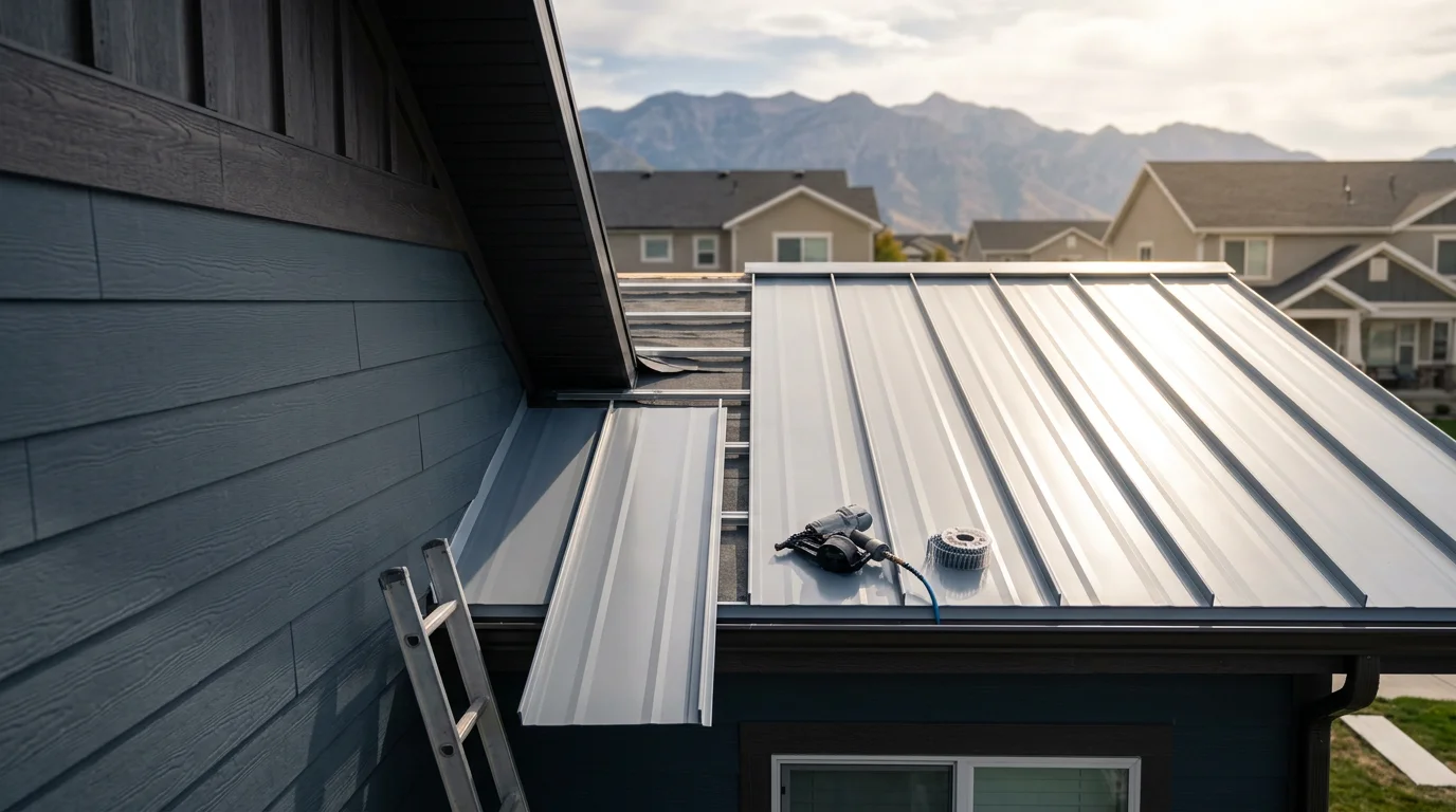 A completed metal roof installation on a residential home in the Wasatch Front, with mountain terrain visible in the background and clean panel lines running the full length of the roof slope.