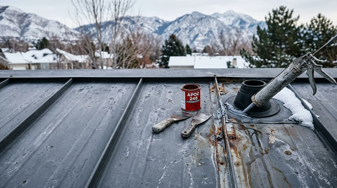 A metal roof on a residential home along the Wasatch Front showing a completed leak repair at a flashing seam near a roof penetration, with snow-capped Utah mountains visible in the background. Close-up view of properly sealed fasteners and metal panel seams after repair by Redline Roofing and Construction.