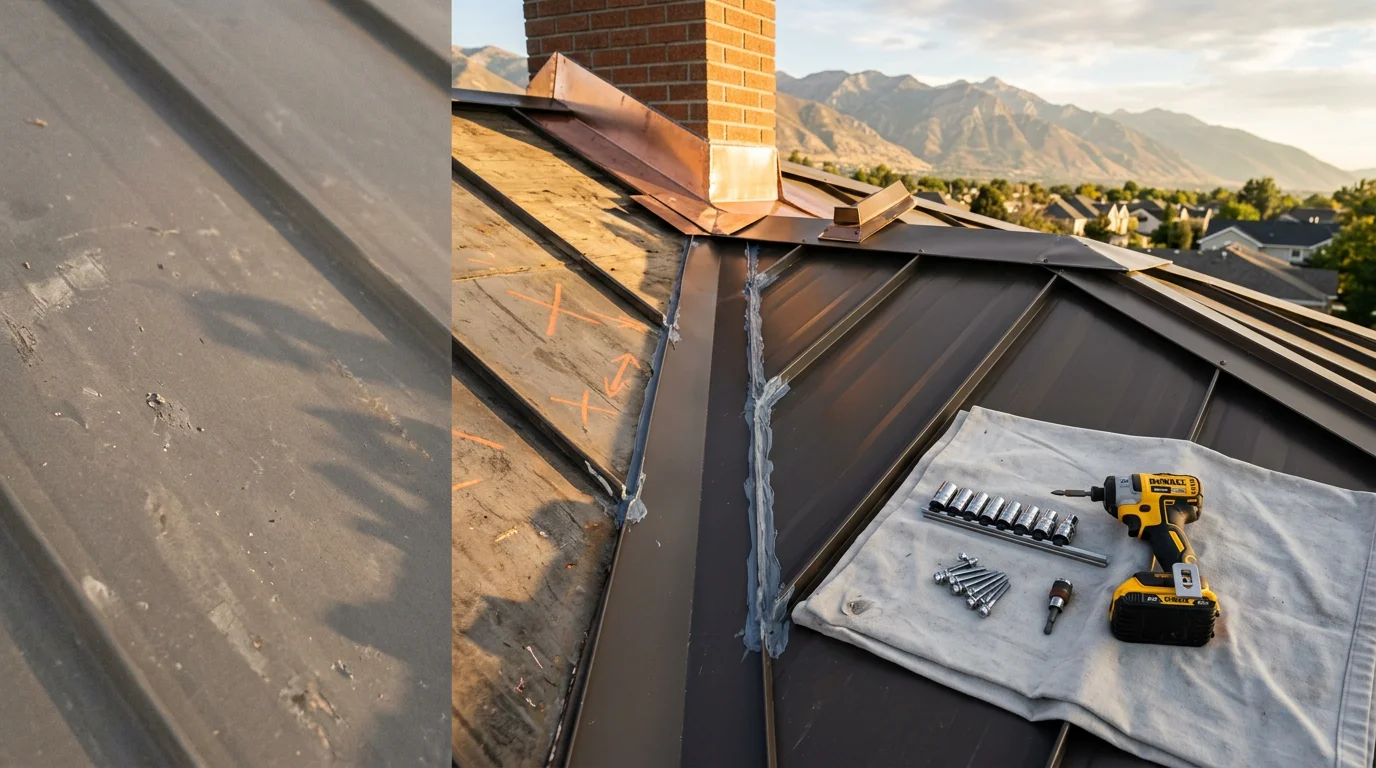 A metal roof on a residential home along the Wasatch Front showing a completed panel seam and flashing repair near a chimney. Snow-capped Utah mountains are visible in the background.