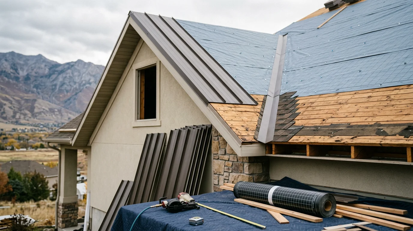 A completed metal roof replacement on a residential home along the Wasatch Front, with clean panel lines and proper flashing at the ridgeline and eaves. Snow-capped mountains are visible in the background, reflecting the heavy-weather conditions the roof is built to handle.