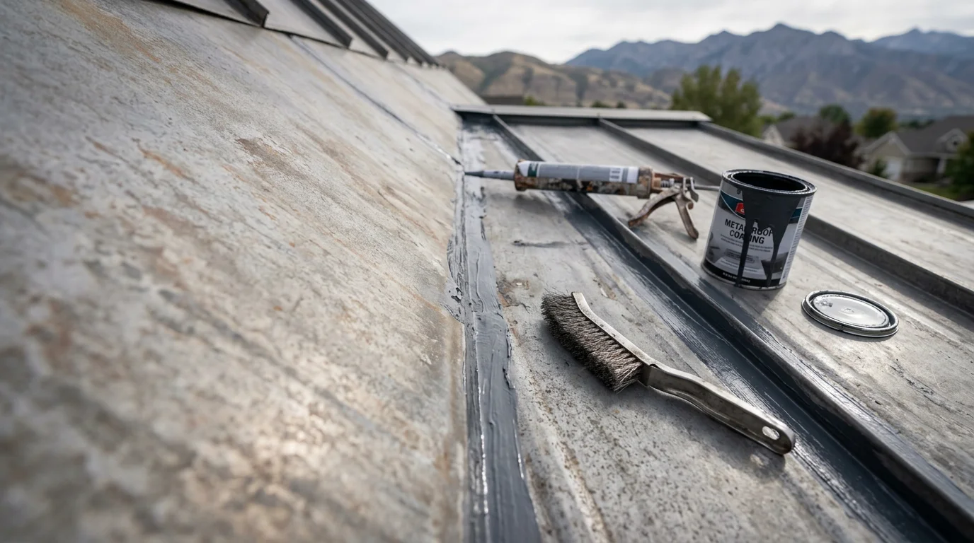 A restored metal roof on a residential home along the Wasatch Front, showing clean sealed seams and a uniform protective coating after rust treatment and recoating work by Redline Roofing and Construction.