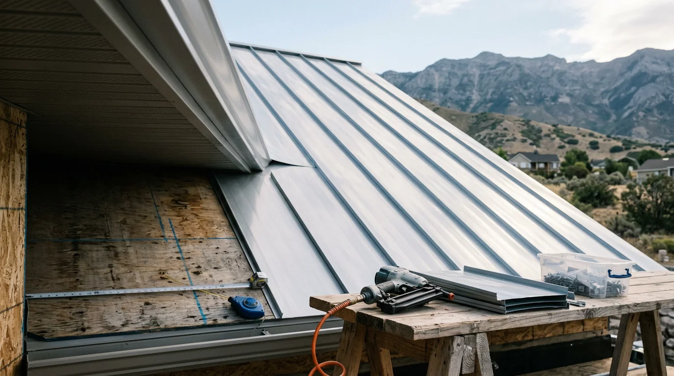 A completed metal roof installation on a residential home along the Wasatch Front, with mountain terrain visible in the background. The standing seam panels run cleanly from ridge to eave, showing tight seams and finished flashing at the edges.