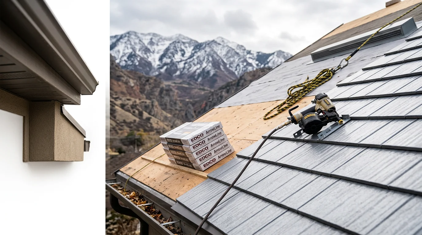 Completed metal shingle roof replacement on a residential home along the Wasatch Front, showing a clean, uniform metal shingle surface against a backdrop of Utah mountains. Close-up detail highlights the interlocking panel edges and finished ridge line.