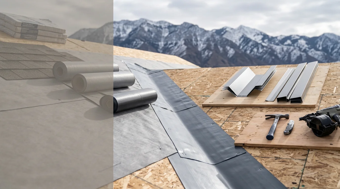 A newly framed home on the Wasatch Front with fresh roofing underlayment and shingles being installed against a backdrop of the Utah mountains. A roofing crew works on the open deck of a new construction build in a residential neighborhood near Salt Lake City.