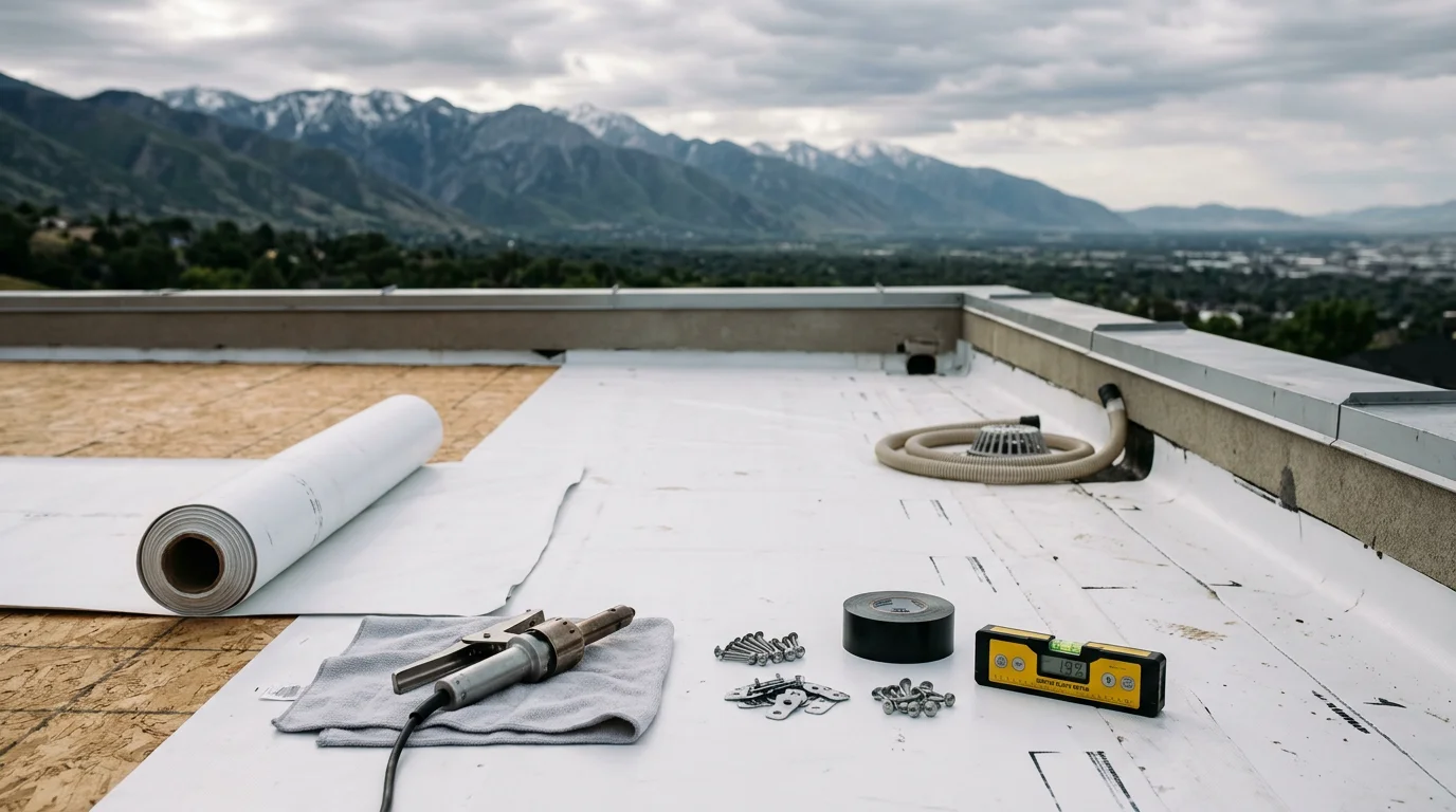 A newly completed flat roof installation on a residential home along the Wasatch Front, showing clean membrane seams and properly positioned drainage scuppers against a backdrop of Utah mountain terrain.