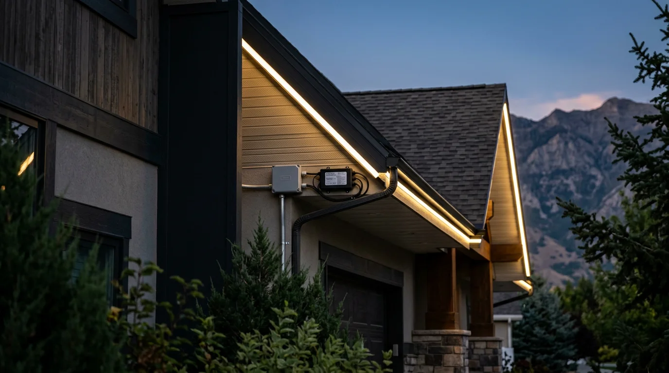 Permanent LED roofline lighting installed along the eaves of a two-story home in the Wasatch Front, glowing warm white against a winter evening sky. The low-profile track follows the full roofline with no visible cords or exposed wiring.