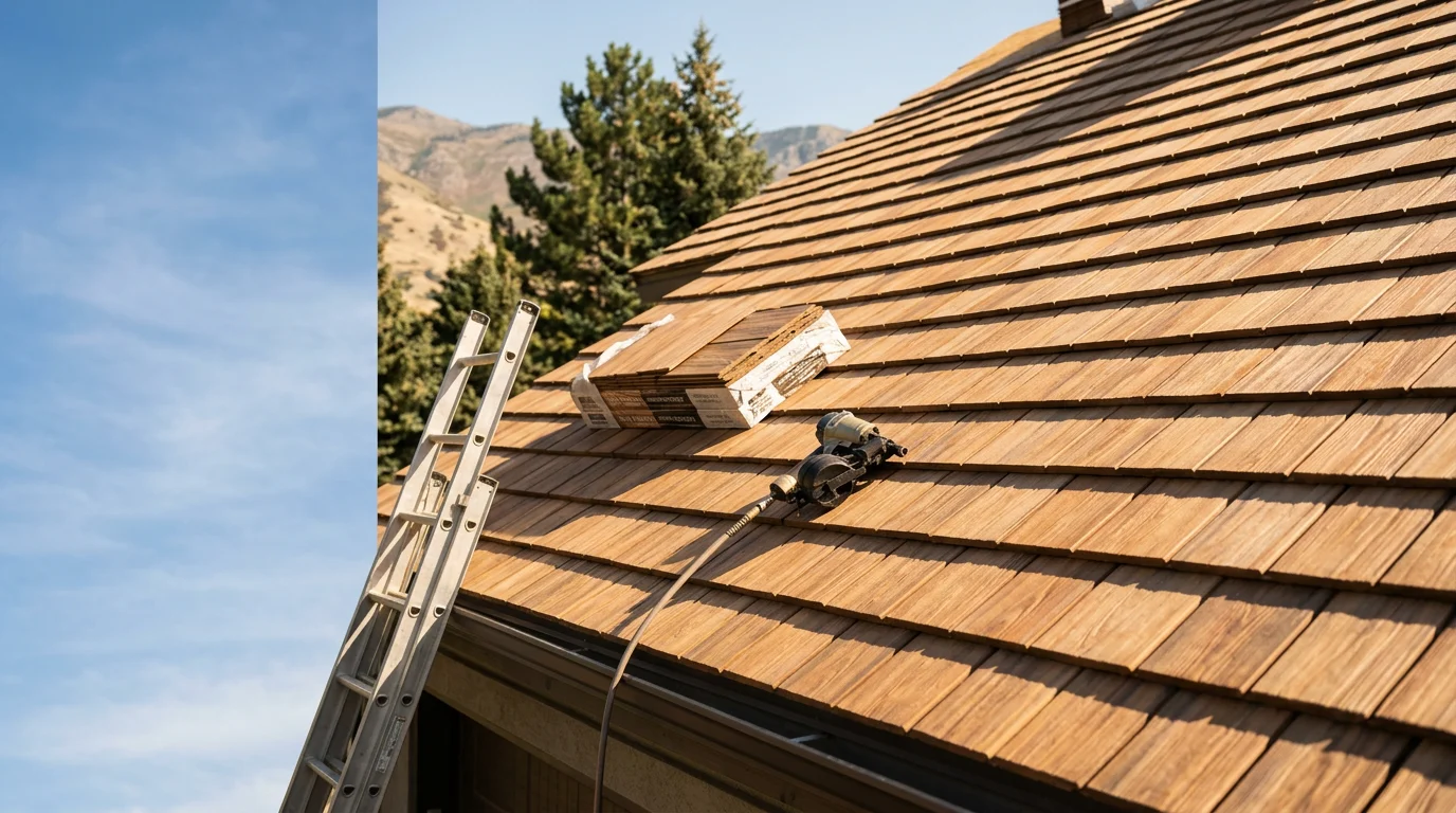 Polymer cedar shake roofing installed on a residential home along the Wasatch Front, showing deep shadow lines and realistic wood-grain texture against a mountain backdrop. Close-up view highlights the uniform shake profile and rich earth-tone coloring typical of Utah-area homes.