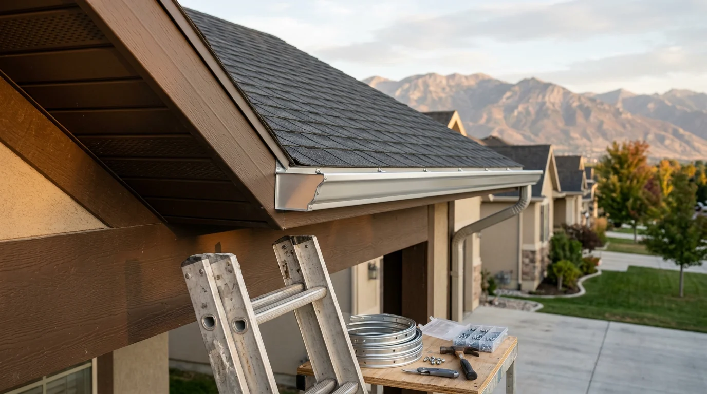 A freshly replaced raingutter system running along the roofline of a residential home in the Wasatch Front, with clean downspouts directing water away from the foundation. The surrounding landscape shows the foothills typical of northern Utah neighborhoods near Bountiful and Layton.