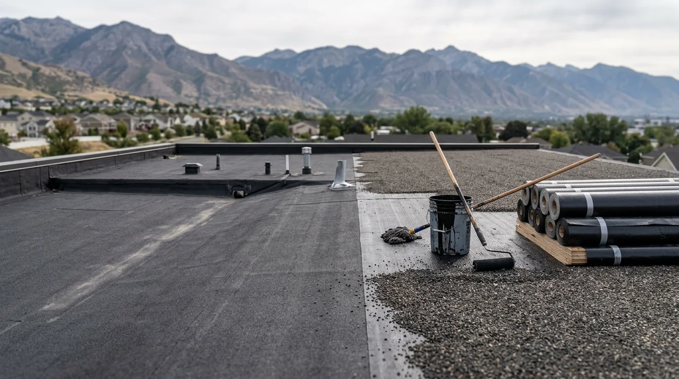 Close-up view of a residential built-up roof with gravel surface and metal flashing on a flat-roof home along the Wasatch Front. Snow-capped mountains are visible in the background.