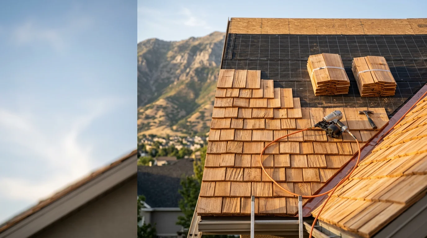 Freshly installed cedar shake roof on a residential home along the Wasatch Front, showing the natural wood texture and layered shakes against a backdrop of Utah mountain terrain. Close detail of hand-split cedar shakes with consistent overlap and ridge line work completed by Redline Roofing and Construction.