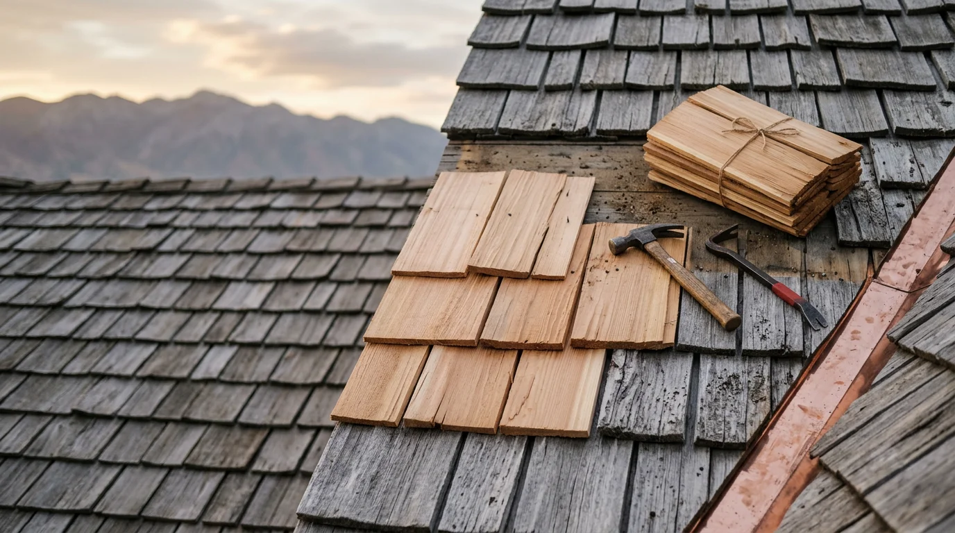 Close-up view of a residential cedar shake roof on a Wasatch Front home showing freshly replaced wood shakes blending with the existing weathered surface. A roofer inspects the flashing along a chimney with mountain terrain visible in the background.