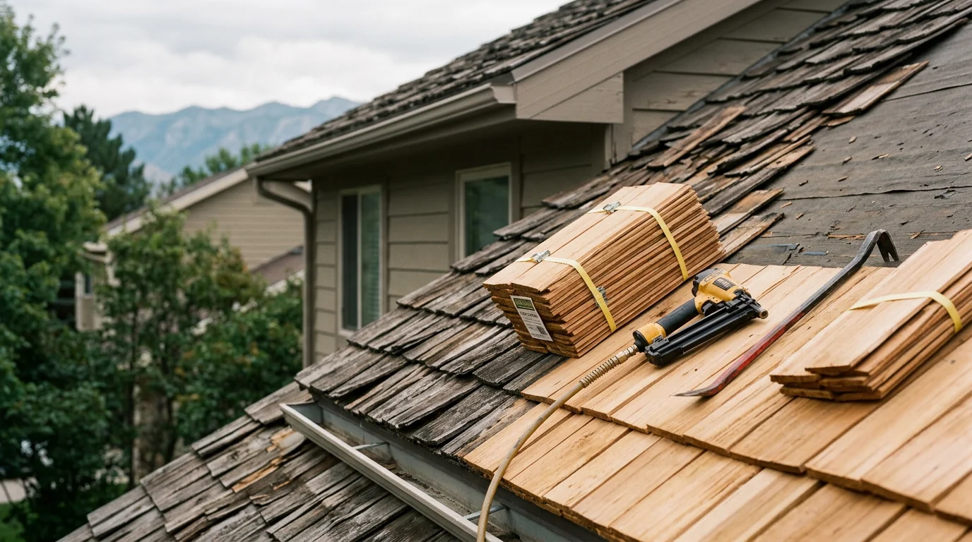 A freshly replaced cedar shake roof on a residential home along the Wasatch Front, showing clean wood shakes installed on a steep-pitched roofline with mountain terrain visible in the background. Close detail of uniform shake courses and new ridge cap work completed by Redline Roofing and Construction.
