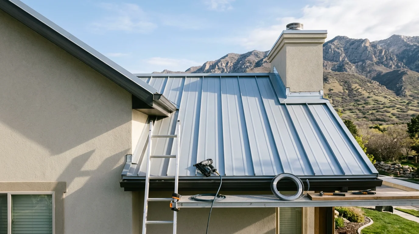 A completed residential metal roof installation on a single-family home along the Wasatch Front, with clean panel lines and finished flashing visible against a backdrop of Utah mountain terrain. Snow-ready roof slope and tight seam work shown in full daylight.