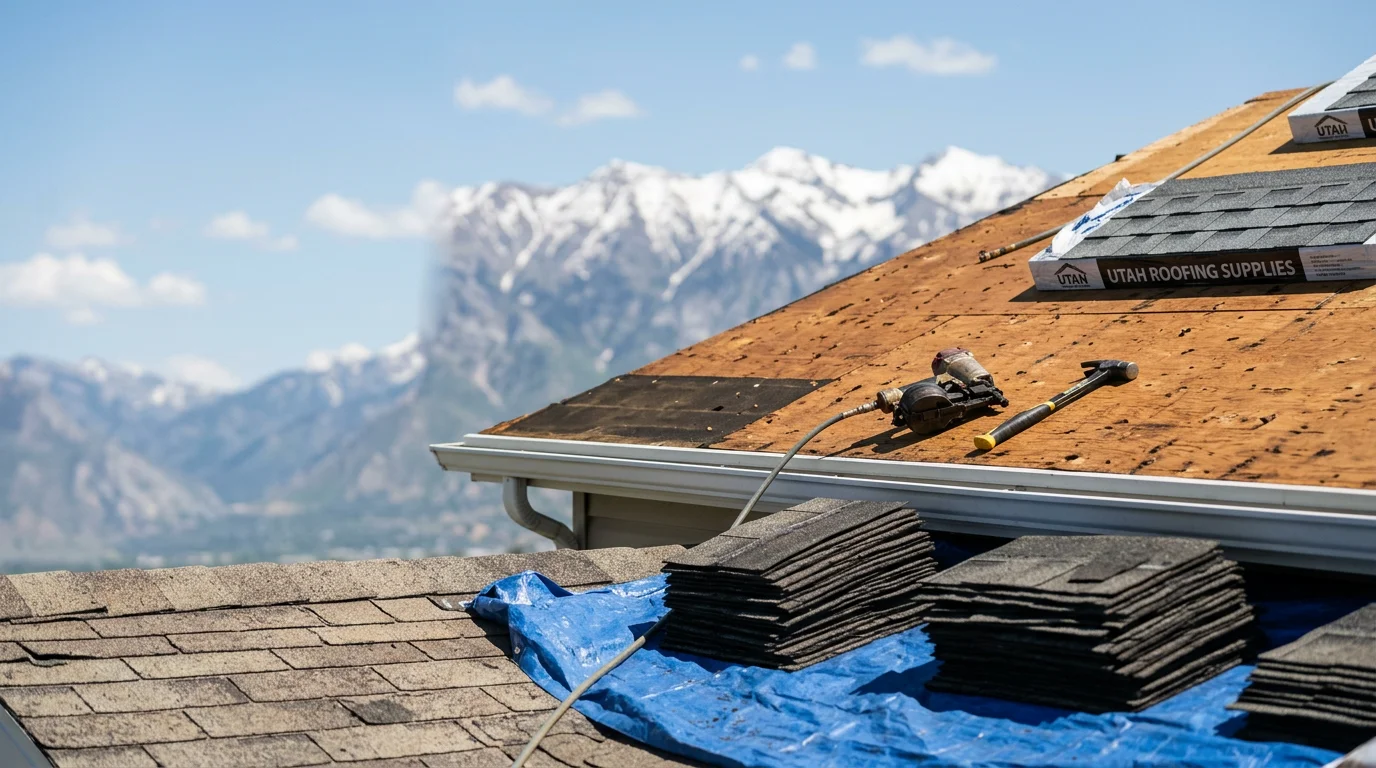 A completed residential re-roofing project on a single-family home along the Wasatch Front, showing freshly installed shingles, clean ridge lines, and new flashing around roof penetrations. The surrounding landscape reflects the Utah mountain backdrop typical of communities like Bountiful or North Salt Lake.