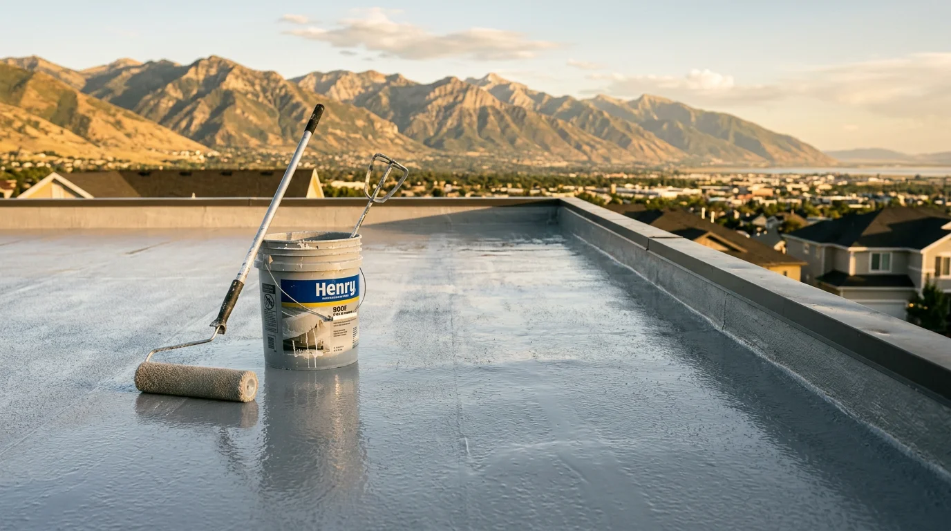 A residential home on the Wasatch Front with a freshly applied roof coating covering a flat low-slope roof surface, showing a clean uniform finish under bright Utah sunlight. The surrounding mountain backdrop and neighborhood context reflect the high-altitude environment common to the Salt Lake City and Ogden areas.