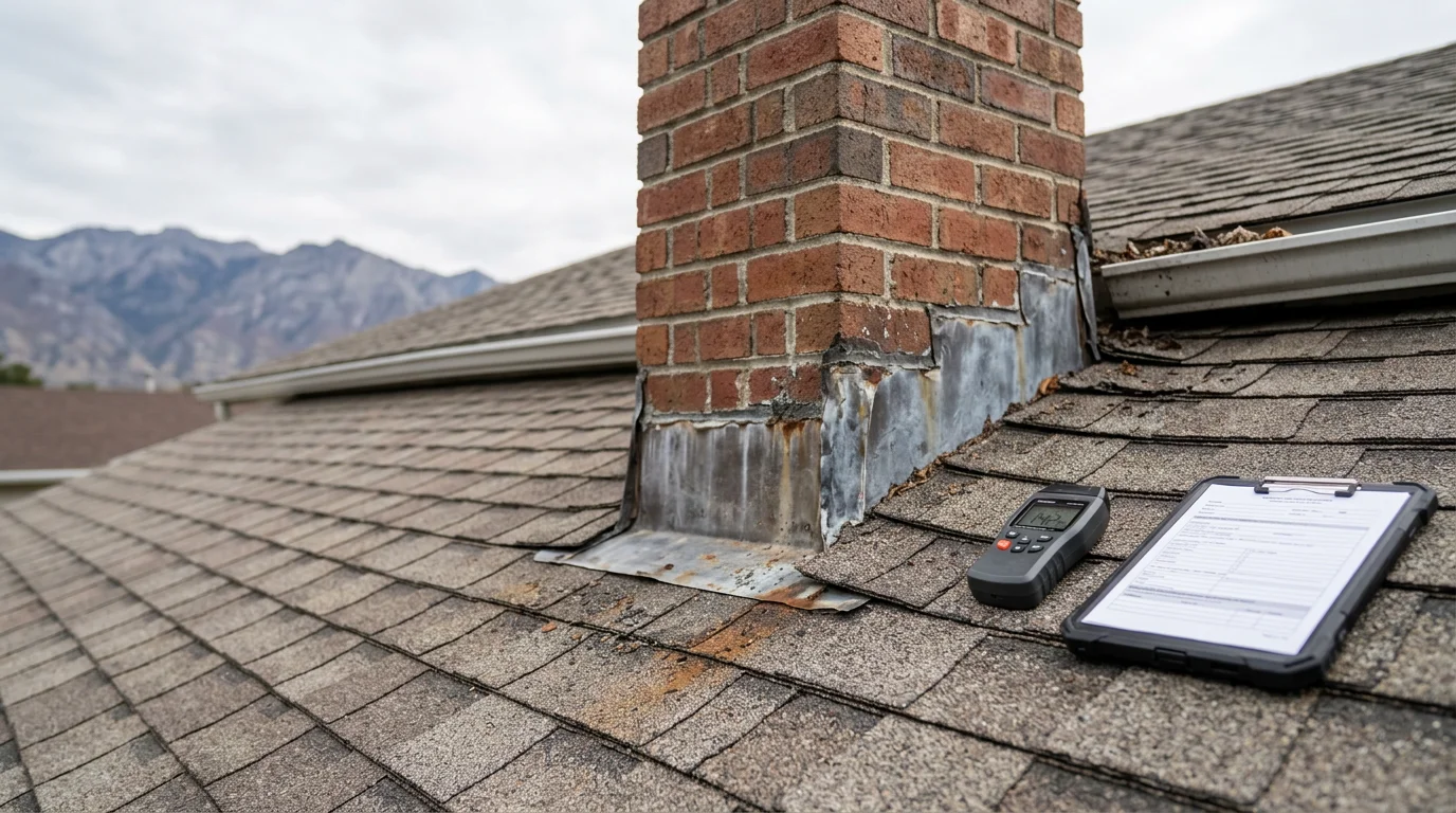 A Redline Roofing and Construction roofer inspecting shingles and flashing on a residential home along the Wasatch Front. The inspector examines the roof surface up close against a backdrop of Utah mountains.