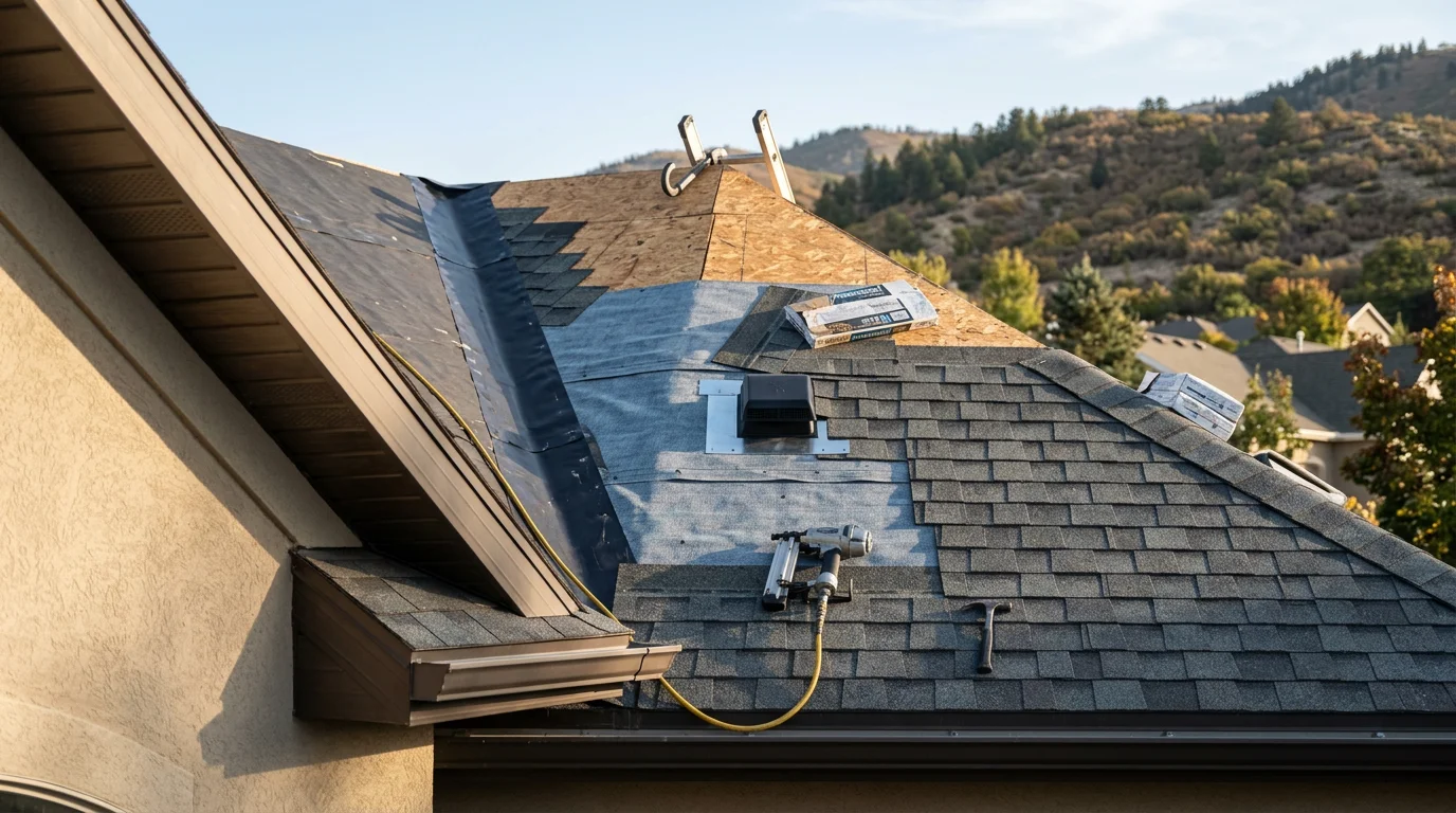 A newly installed residential roof on a single-family home along the Wasatch Front, showing clean shingle lines and properly finished ridge and eave details against a backdrop of Utah mountain terrain.